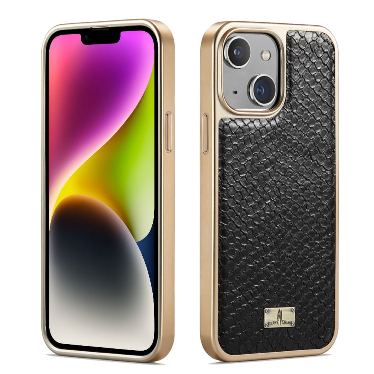 For iPhone 15 Plus Fierre Shann Snake Texture Electroplating PU Phone Case(Black) by FIERRE SHANN