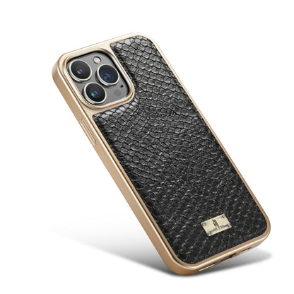 For iPhone 15 Plus Fierre Shann Snake Texture Electroplating PU Phone Case(Black) by FIERRE SHANN
