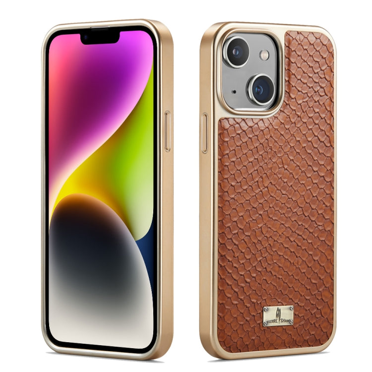 For iPhone 15 Plus Fierre Shann Snake Texture Electroplating PU Phone Case(Brown) by FIERRE SHANN