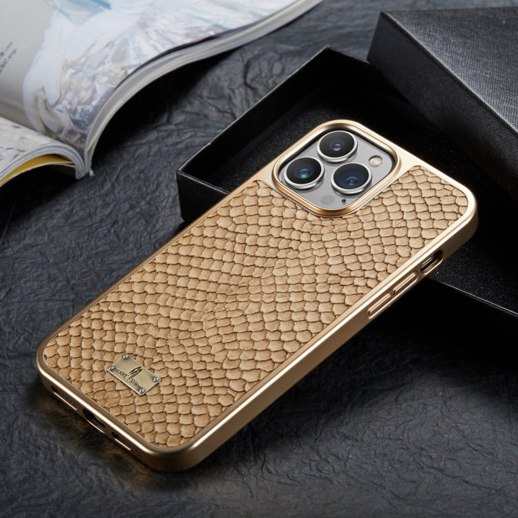 For iPhone 15 Plus Fierre Shann Snake Texture Electroplating PU Phone Case(White) by FIERRE SHANN