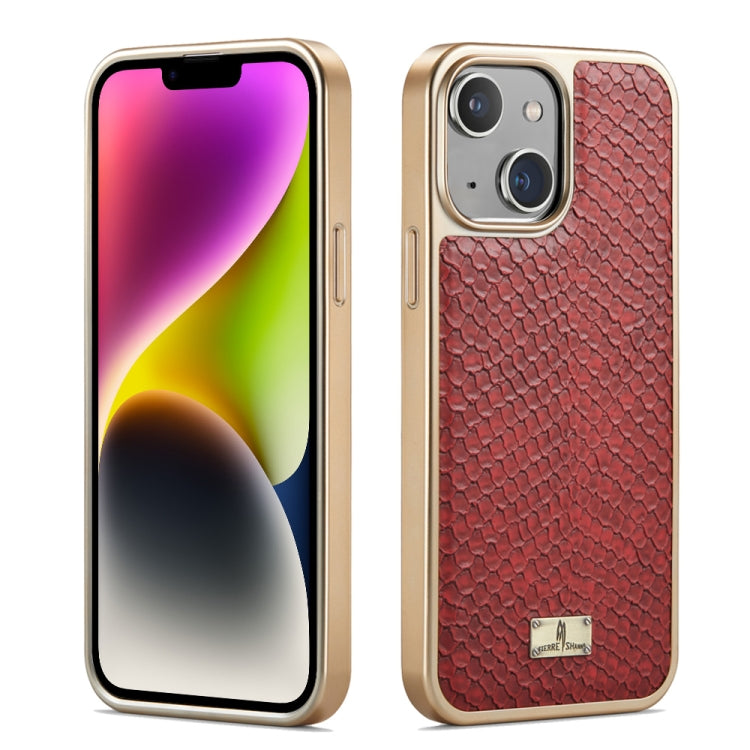 For iPhone 15 Plus Fierre Shann Snake Texture Electroplating PU Phone Case(Red) by FIERRE SHANN
