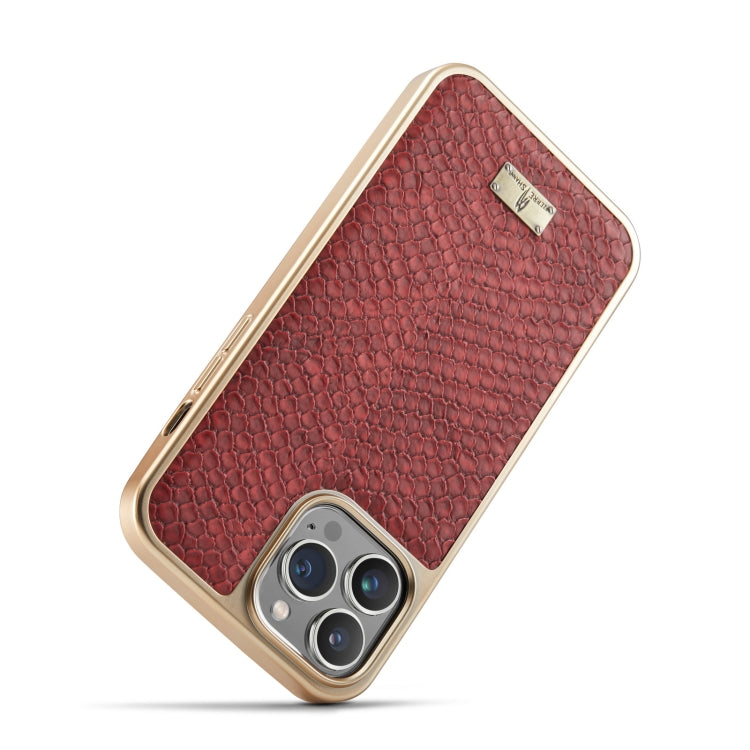 For iPhone 15 Plus Fierre Shann Snake Texture Electroplating PU Phone Case(Red) by FIERRE SHANN