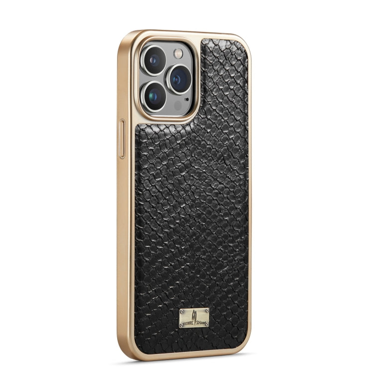 For iPhone 15 Fierre Shann Snake Texture Electroplating PU Phone Case(Black) by FIERRE SHANN