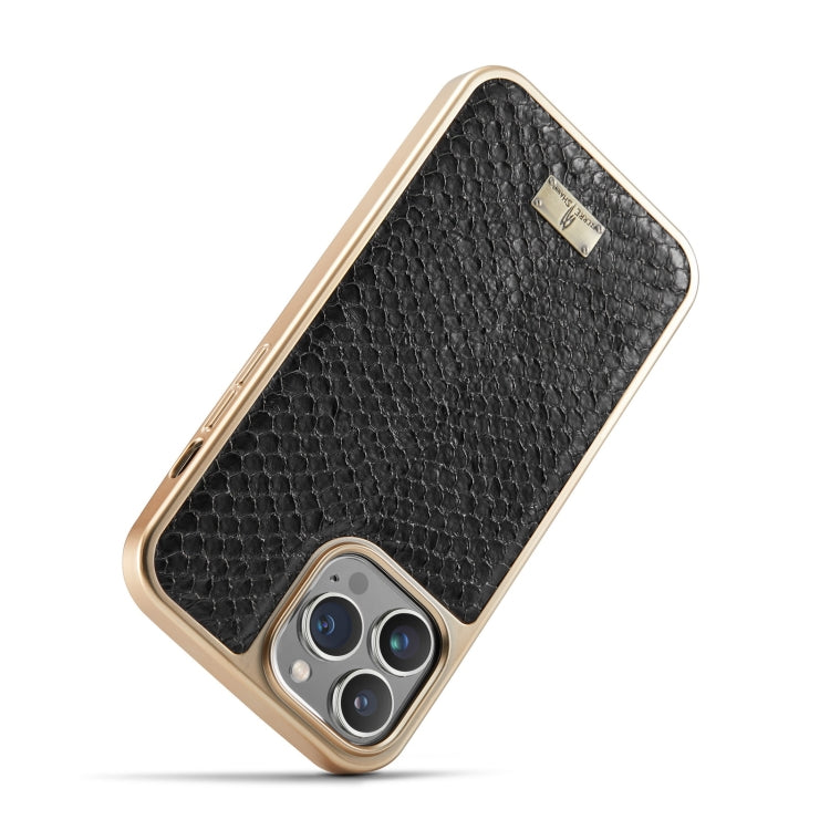 For iPhone 15 Fierre Shann Snake Texture Electroplating PU Phone Case(Black) by FIERRE SHANN