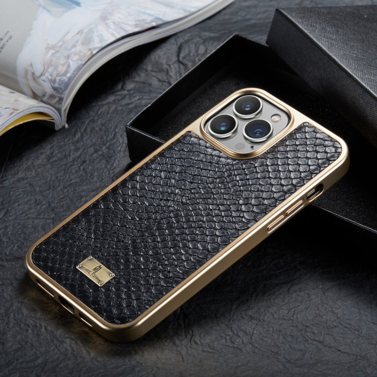 For iPhone 15 Fierre Shann Snake Texture Electroplating PU Phone Case(Black) by FIERRE SHANN