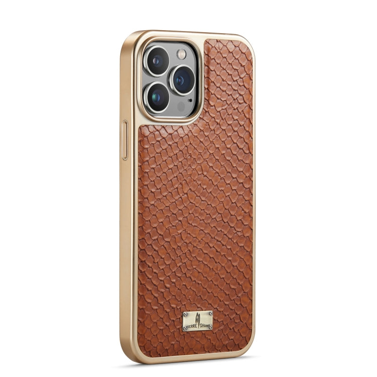 For iPhone 15 Fierre Shann Snake Texture Electroplating PU Phone Case(Brown) by FIERRE SHANN