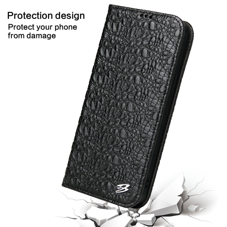 For iPhone 15 Pro Fierre Shann Crocodile Texture Magnetic Genuine Leather Phone Case(Black) by FIERRE SHANN