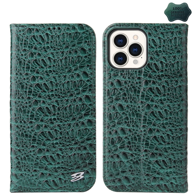 For iPhone 15 Pro Fierre Shann Crocodile Texture Magnetic Genuine Leather Phone Case(Green) by FIERRE SHANN