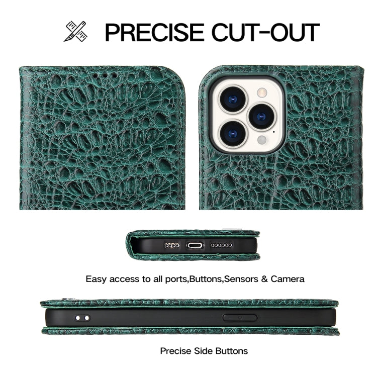 For iPhone 15 Pro Fierre Shann Crocodile Texture Magnetic Genuine Leather Phone Case(Green) by FIERRE SHANN