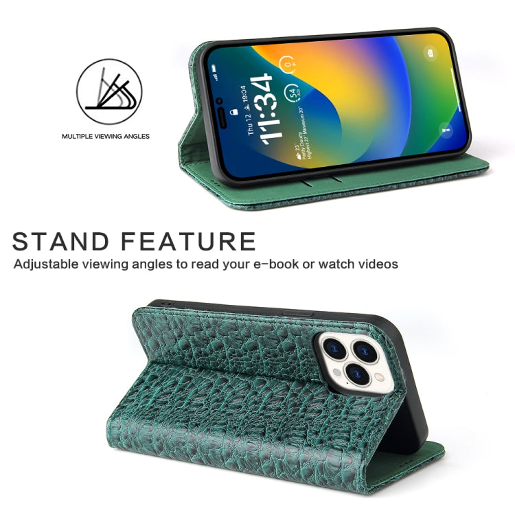For iPhone 15 Pro Fierre Shann Crocodile Texture Magnetic Genuine Leather Phone Case(Green) by FIERRE SHANN