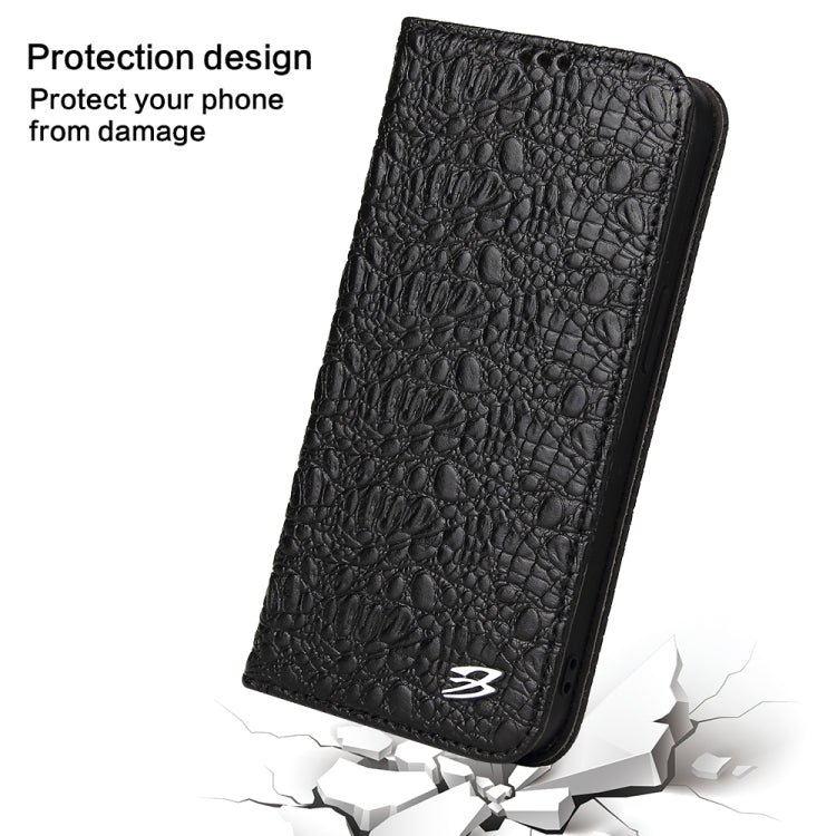 For iPhone 15 Plus Fierre Shann Crocodile Texture Magnetic Genuine Leather Phone Case(Black) by FIERRE SHANN