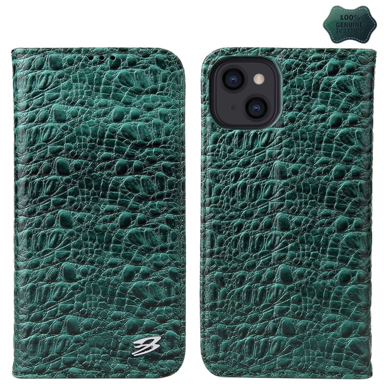 For iPhone 15 Plus Fierre Shann Crocodile Texture Magnetic Genuine Leather Phone Case(Green) by FIERRE SHANN