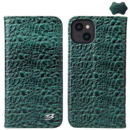 For iPhone 15 Plus Fierre Shann Crocodile Texture Magnetic Genuine Leather Phone Case(Green) by FIERRE SHANN