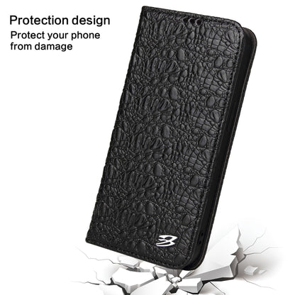 For iPhone 15 Fierre Shann Crocodile Texture Magnetic Genuine Leather Phone Case(Black) by FIERRE SHANN