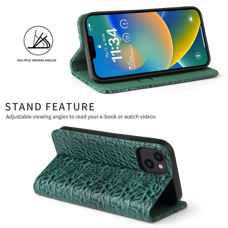 For iPhone 15 Fierre Shann Crocodile Texture Magnetic Genuine Leather Phone Case(Green) by FIERRE SHANN