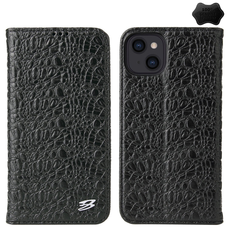 For iPhone 14 Plus Fierre Shann Crocodile Texture Magnetic Genuine Leather Phone Case(Black) by FIERRE SHANN