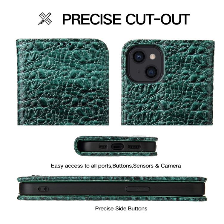 For iPhone 14 Fierre Shann Crocodile Texture Magnetic Genuine Leather Phone Case(Green) by FIERRE SHANN
