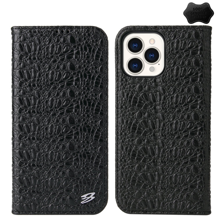 For iPhone 14 Pro Max Fierre Shann Crocodile Texture Magnetic Genuine Leather Phone Case(Black) by FIERRE SHANN