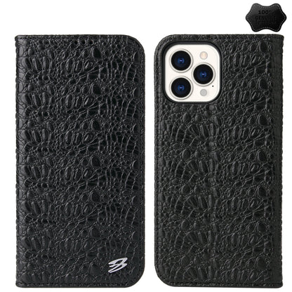 For iPhone 14 Pro Max Fierre Shann Crocodile Texture Magnetic Genuine Leather Phone Case(Black) by FIERRE SHANN