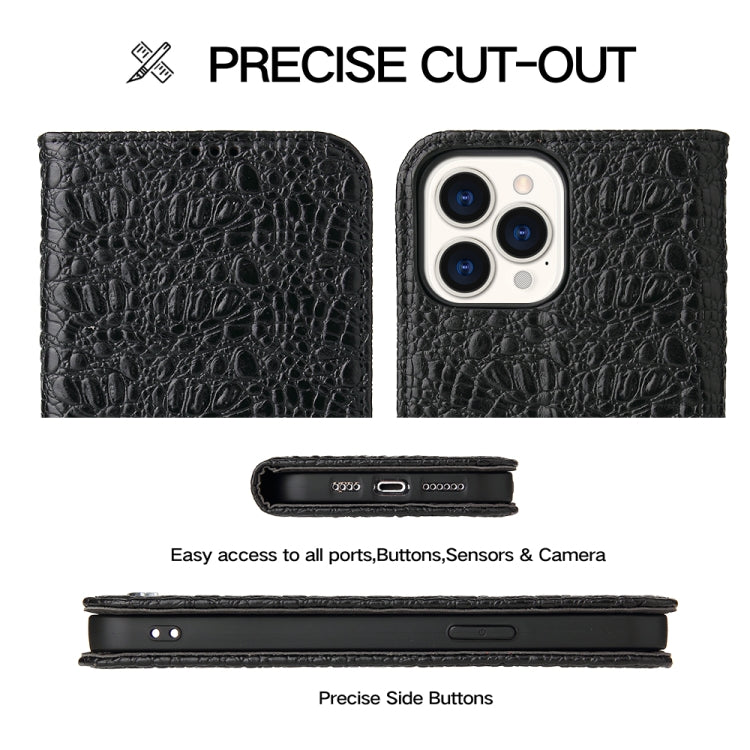For iPhone 14 Pro Max Fierre Shann Crocodile Texture Magnetic Genuine Leather Phone Case(Black) by FIERRE SHANN