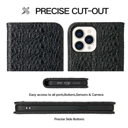 For iPhone 14 Pro Max Fierre Shann Crocodile Texture Magnetic Genuine Leather Phone Case(Black) by FIERRE SHANN