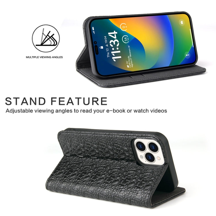 For iPhone 14 Pro Max Fierre Shann Crocodile Texture Magnetic Genuine Leather Phone Case(Black) by FIERRE SHANN