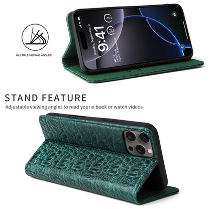 For iPhone 16 Pro Max Fierre Shann Crocodile Texture Magnetic Genuine Leather Phone Case(Green) by FIERRE SHANN