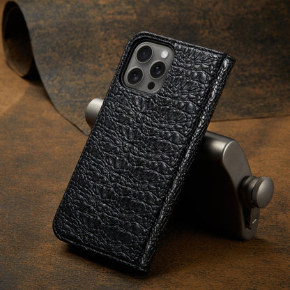 For iPhone 16 Pro Fierre Shann Crocodile Texture Magnetic Genuine Leather Phone Case(Black) by FIERRE SHANN