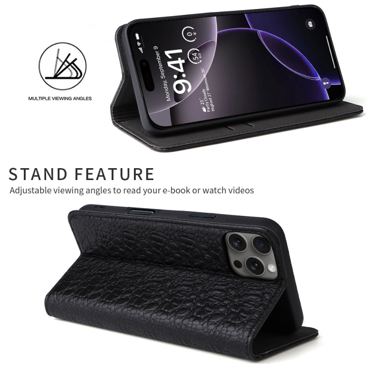For iPhone 16 Pro Fierre Shann Crocodile Texture Magnetic Genuine Leather Phone Case(Black) by FIERRE SHANN