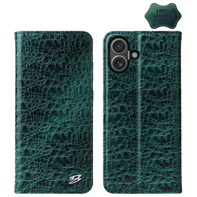 For iPhone 16 Plus Fierre Shann Crocodile Texture Magnetic Genuine Leather Phone Case(Green) by FIERRE SHANN
