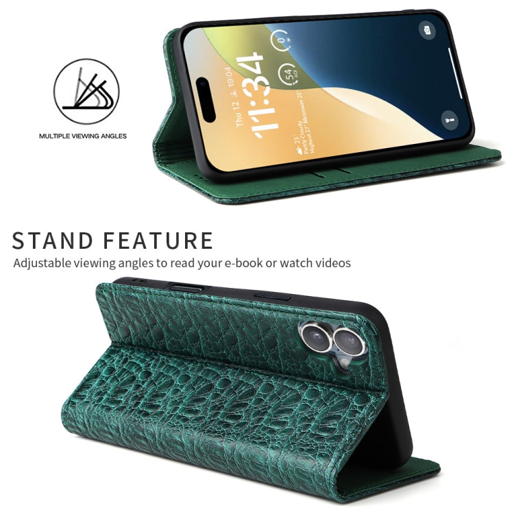 For iPhone 16 Plus Fierre Shann Crocodile Texture Magnetic Genuine Leather Phone Case(Green) by FIERRE SHANN