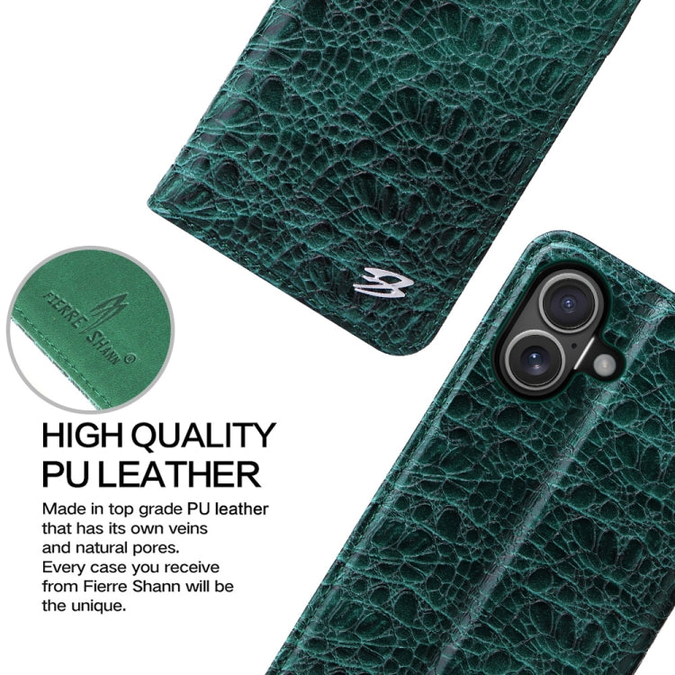 For iPhone 16 Plus Fierre Shann Crocodile Texture Magnetic Genuine Leather Phone Case(Green) by FIERRE SHANN