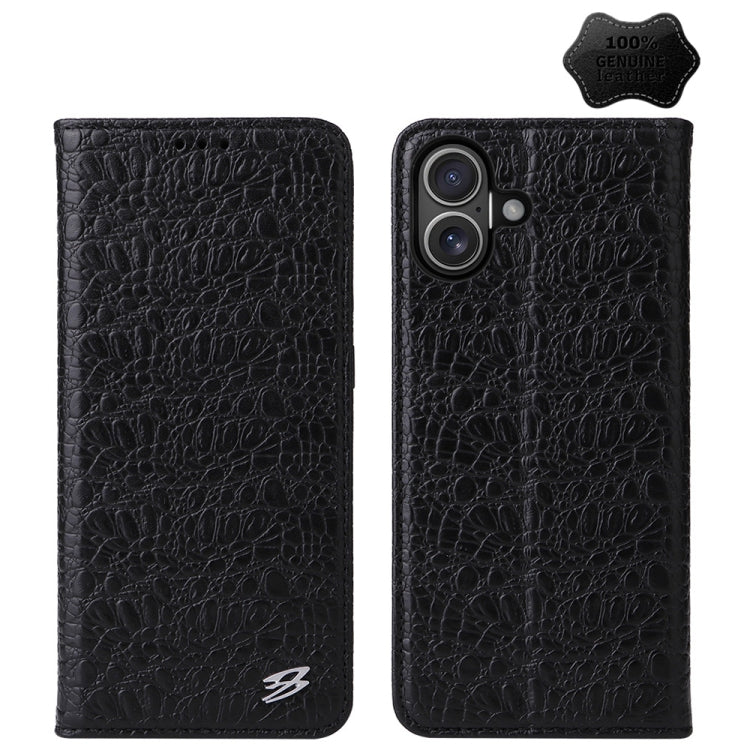 For iPhone 16 Fierre Shann Crocodile Texture Magnetic Genuine Leather Phone Case(Black) by FIERRE SHANN