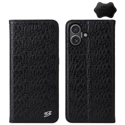 For iPhone 16 Fierre Shann Crocodile Texture Magnetic Genuine Leather Phone Case(Black) by FIERRE SHANN