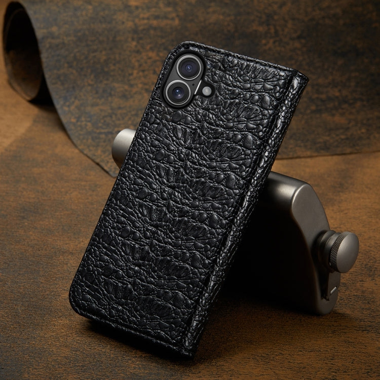 For iPhone 16 Fierre Shann Crocodile Texture Magnetic Genuine Leather Phone Case(Black) by FIERRE SHANN