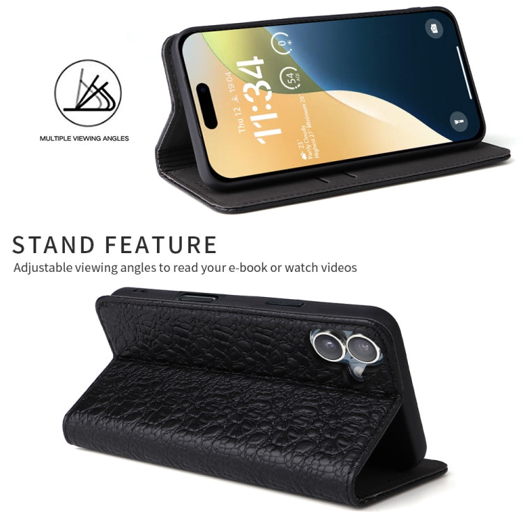 For iPhone 16 Fierre Shann Crocodile Texture Magnetic Genuine Leather Phone Case(Black) by FIERRE SHANN
