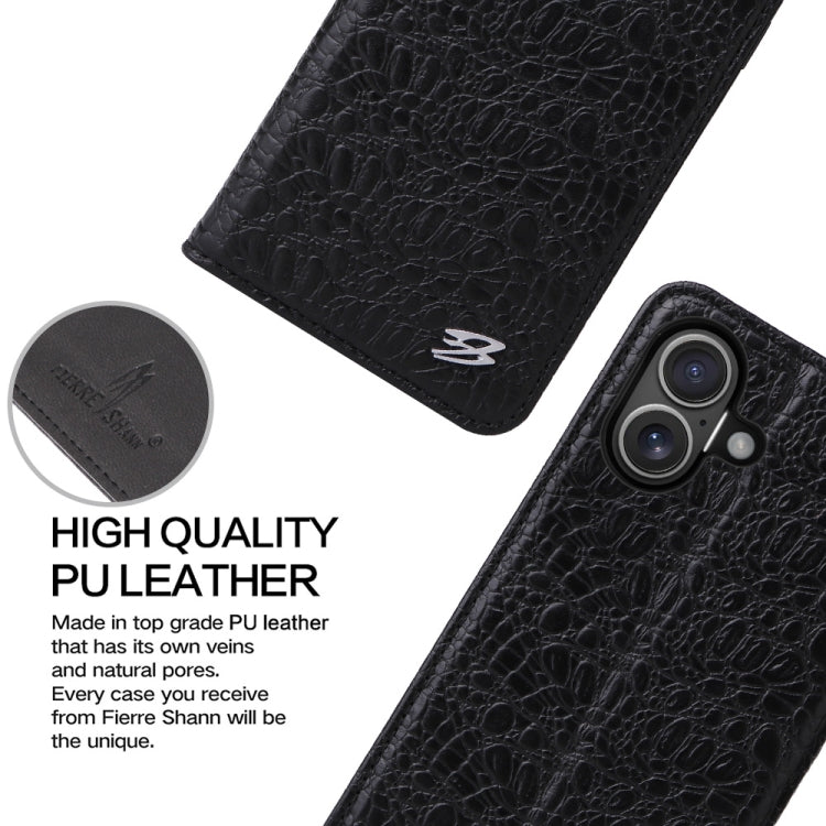 For iPhone 16 Fierre Shann Crocodile Texture Magnetic Genuine Leather Phone Case(Black) by FIERRE SHANN