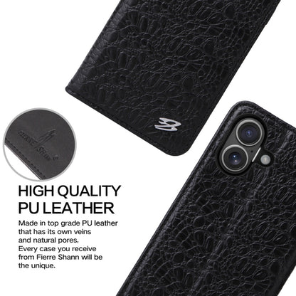 For iPhone 16 Fierre Shann Crocodile Texture Magnetic Genuine Leather Phone Case(Black) by FIERRE SHANN