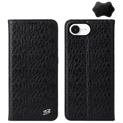 For iPhone 16e Fierre Shann Crocodile Texture Magnetic Genuine Leather Phone Case(Black) by FIERRE SHANN