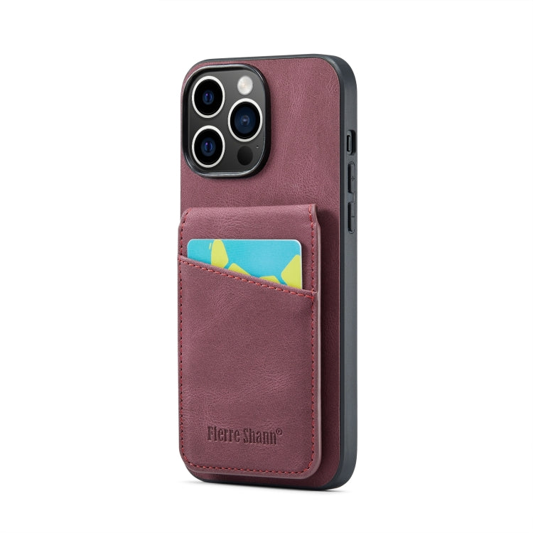 For iPhone 15 Pro Max Fierre Shann Crazy Horse Card Holder Back Cover PU Phone Case(Wine Red) by FIERRE SHANN