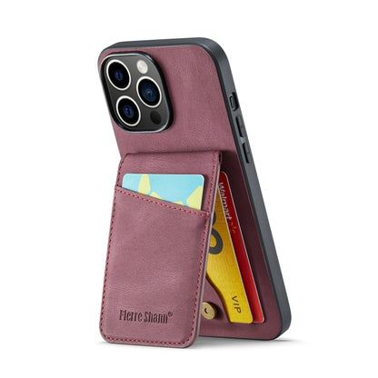 For iPhone 15 Pro Max Fierre Shann Crazy Horse Card Holder Back Cover PU Phone Case(Wine Red) by FIERRE SHANN