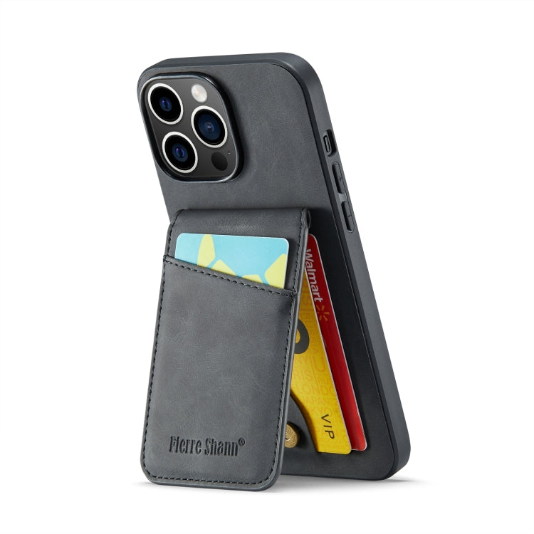For iPhone 15 Pro Max Fierre Shann Crazy Horse Card Holder Back Cover PU Phone Case(Black) by FIERRE SHANN