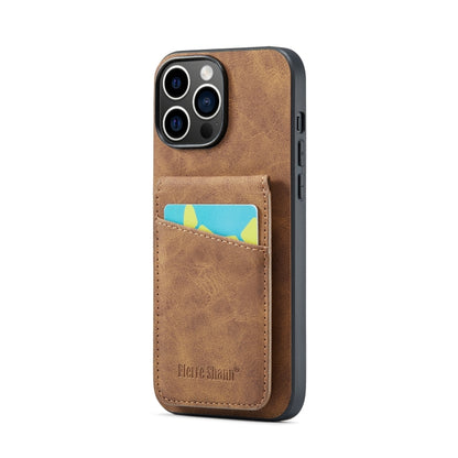 For iPhone 15 Pro Max Fierre Shann Crazy Horse Card Holder Back Cover PU Phone Case(Brown) by FIERRE SHANN