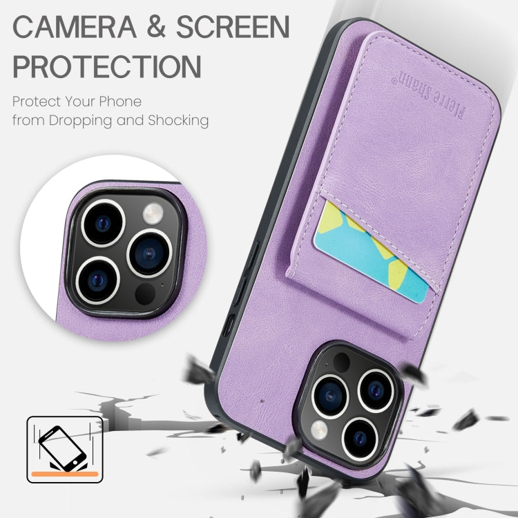 For iPhone 15 Pro Max Fierre Shann Crazy Horse Card Holder Back Cover PU Phone Case(Purple) by FIERRE SHANN
