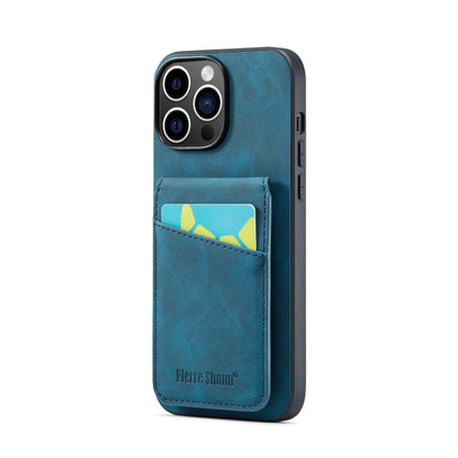 For iPhone 15 Pro Max Fierre Shann Crazy Horse Card Holder Back Cover PU Phone Case(Blue) by FIERRE SHANN