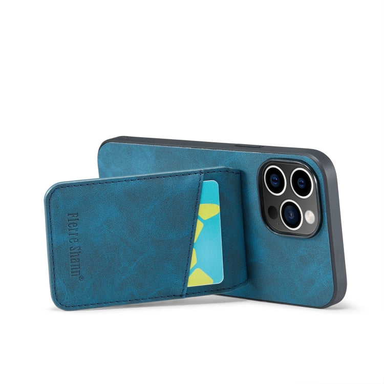 For iPhone 15 Pro Max Fierre Shann Crazy Horse Card Holder Back Cover PU Phone Case(Blue) by FIERRE SHANN