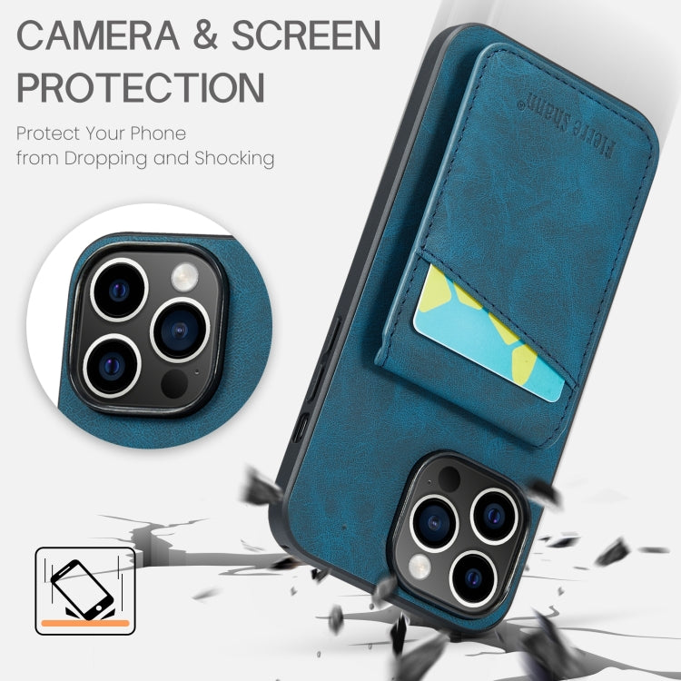For iPhone 15 Pro Max Fierre Shann Crazy Horse Card Holder Back Cover PU Phone Case(Blue) by FIERRE SHANN