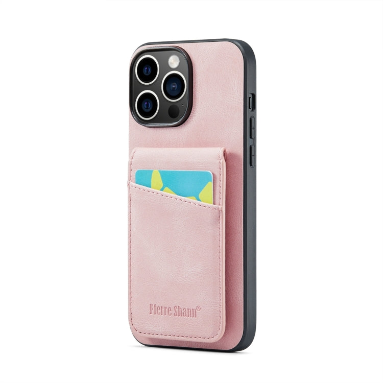 For iPhone 15 Pro Fierre Shann Crazy Horse Card Holder Back Cover PU Phone Case(Pink) by FIERRE SHANN