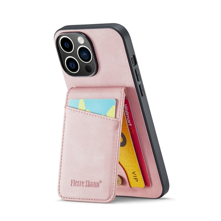 For iPhone 15 Pro Fierre Shann Crazy Horse Card Holder Back Cover PU Phone Case(Pink) by FIERRE SHANN