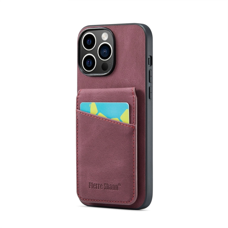 For iPhone 15 Pro Fierre Shann Crazy Horse Card Holder Back Cover PU Phone Case(Wine Red) by FIERRE SHANN